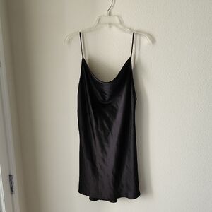 POLLY Black Satin Slip Mini Dress Slight Cowl Neckline  Sz M Minimalist Classic